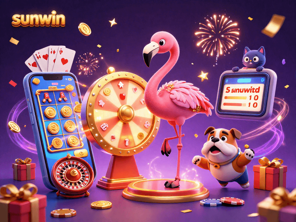 Exciting sunwin casino scene with game show host flamingo, bulldog contestant, and prizes
