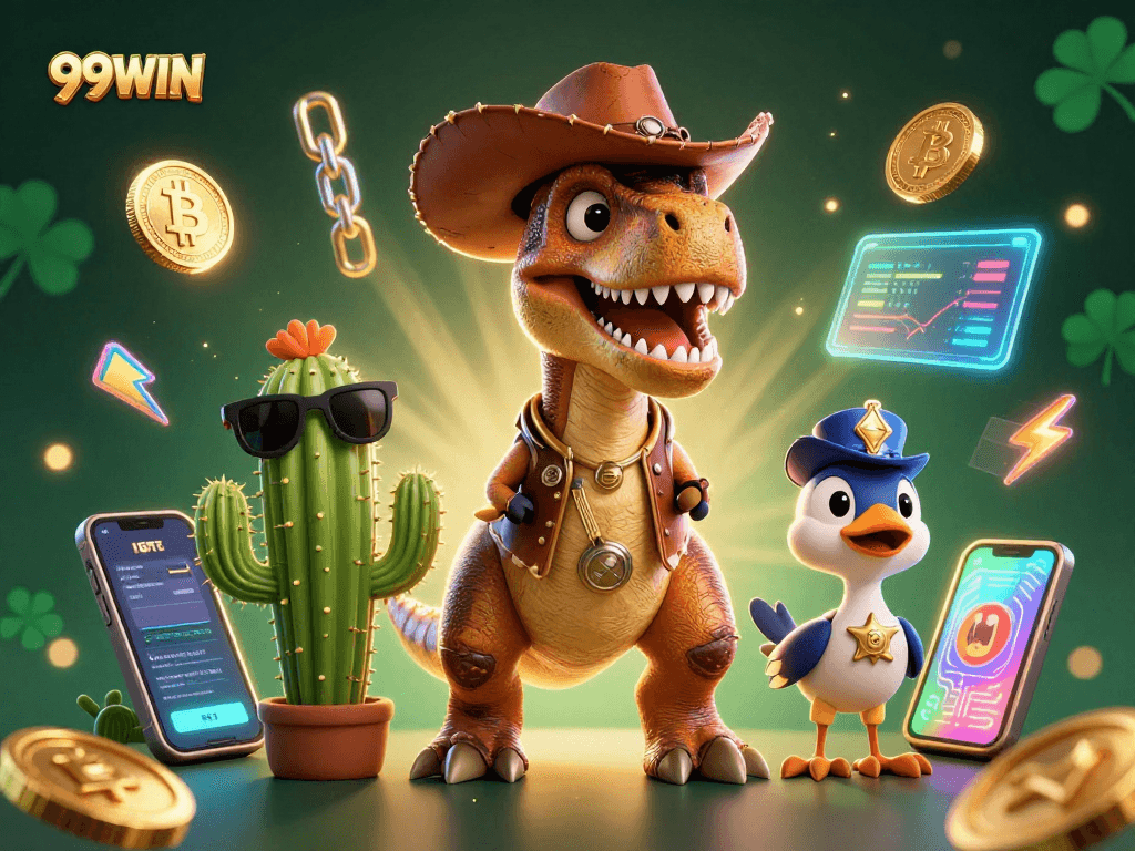Win big with 99WIN in a vibrant casino scene showcasing a cartoon T-Rex, coins, and gameplay.