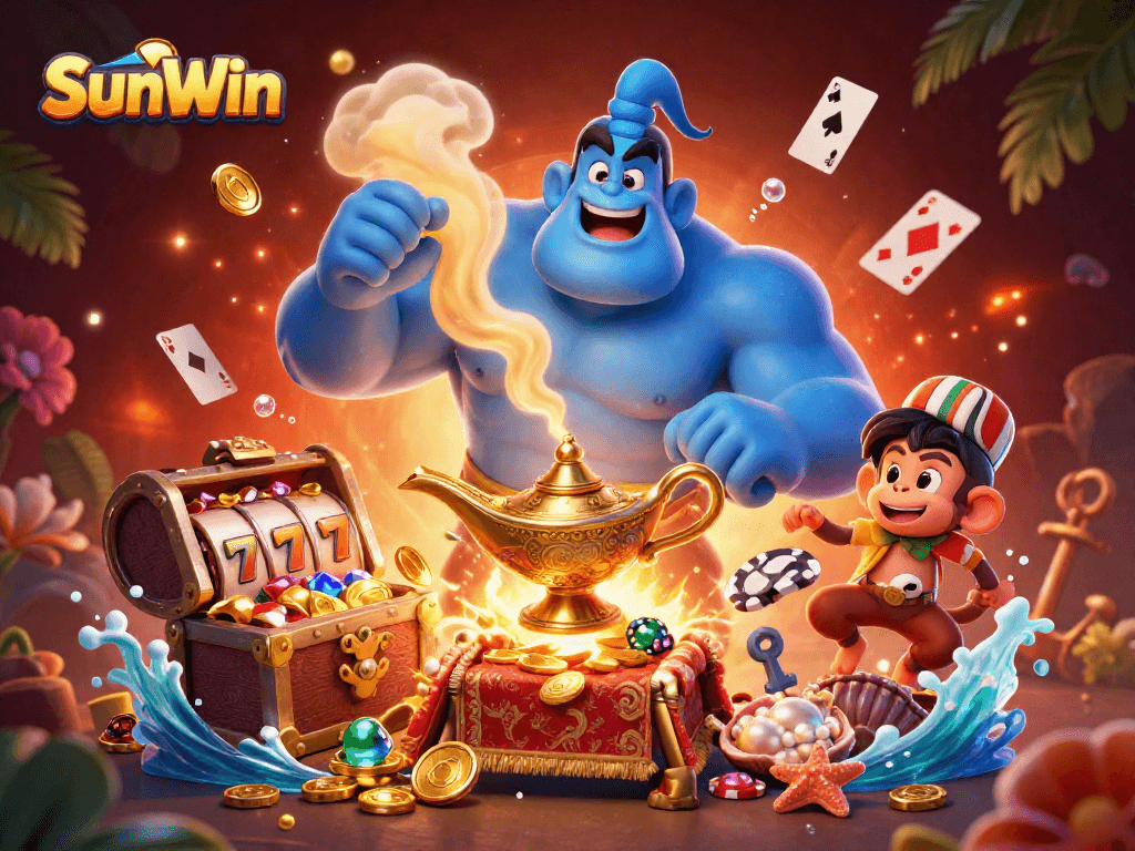 Experience thrilling gameplay with SunWin as a genie grants winning opportunities in a vibrant casino scene.
