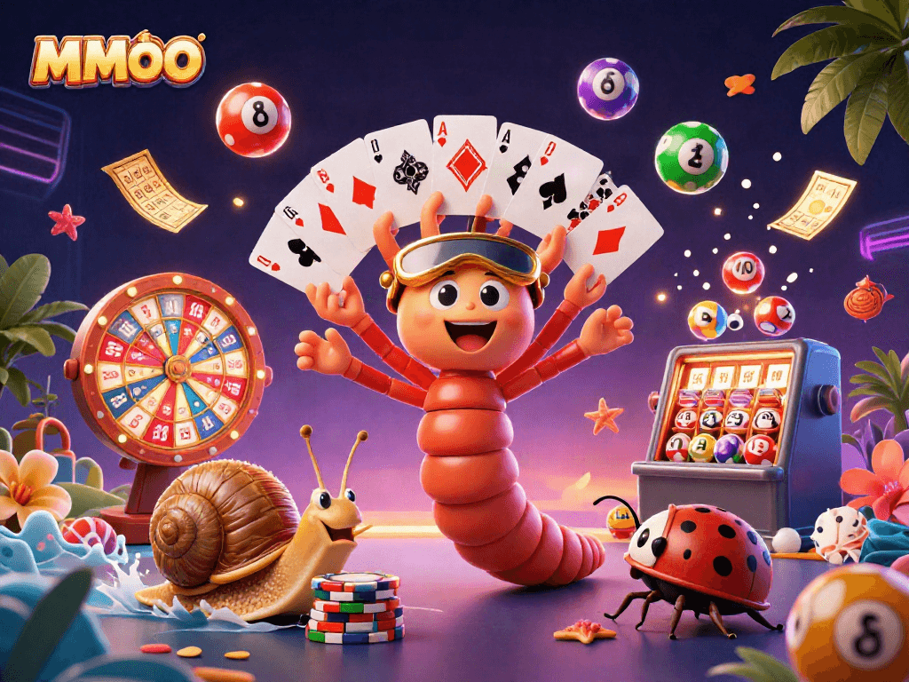 MMOO captures excitement with a vibrant 3D casino scene of characters playing cards.