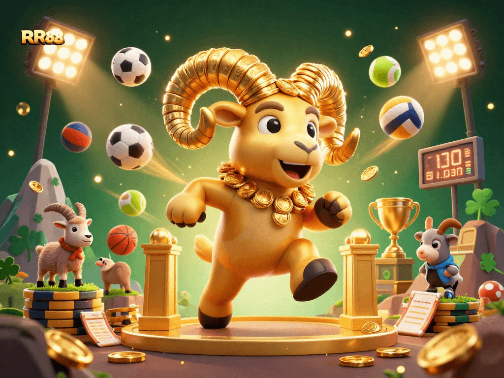 RR88 casino features a charging golden ram in an exciting 3D gambling scene filled with sports elements.