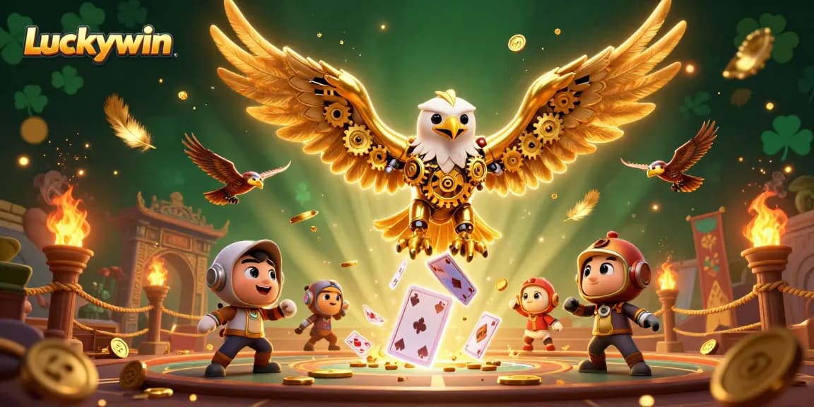Experience excitement at Luckywin with a dynamic scene featuring a golden eagle amidst gaming cards and casino elements.