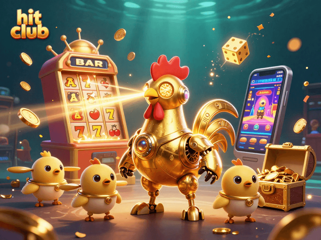 Experience thrilling wins with the hit club golden rooster robot in an exciting casino scene.