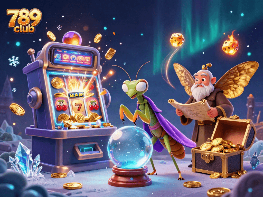 Engage with thrilling games at 789 club, featuring an energetic casino scene with fortune tellers and jackpots.