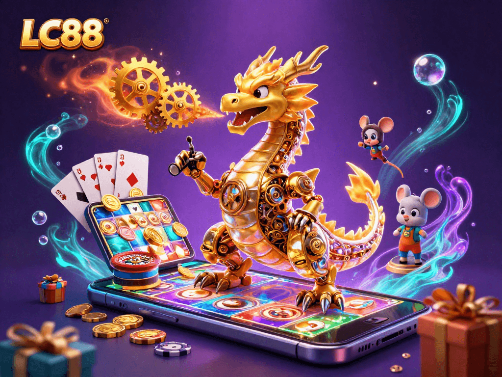 Experience exciting gameplay at LC88 with a dynamic scene of a golden dragon and casino elements.