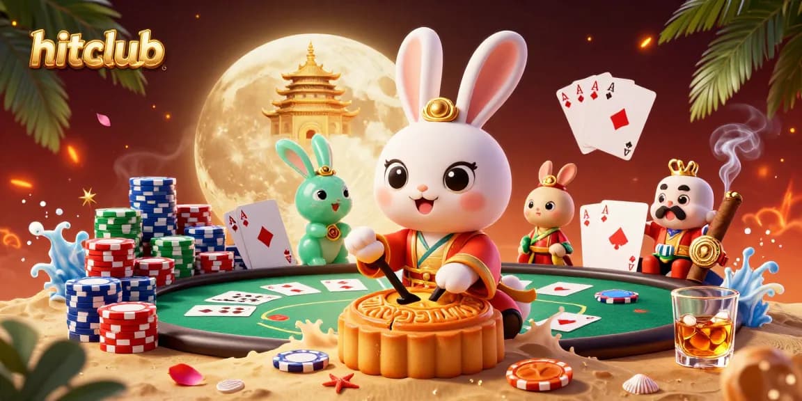 Play poker with the hitclub moon rabbit amid vibrant casino elements.
