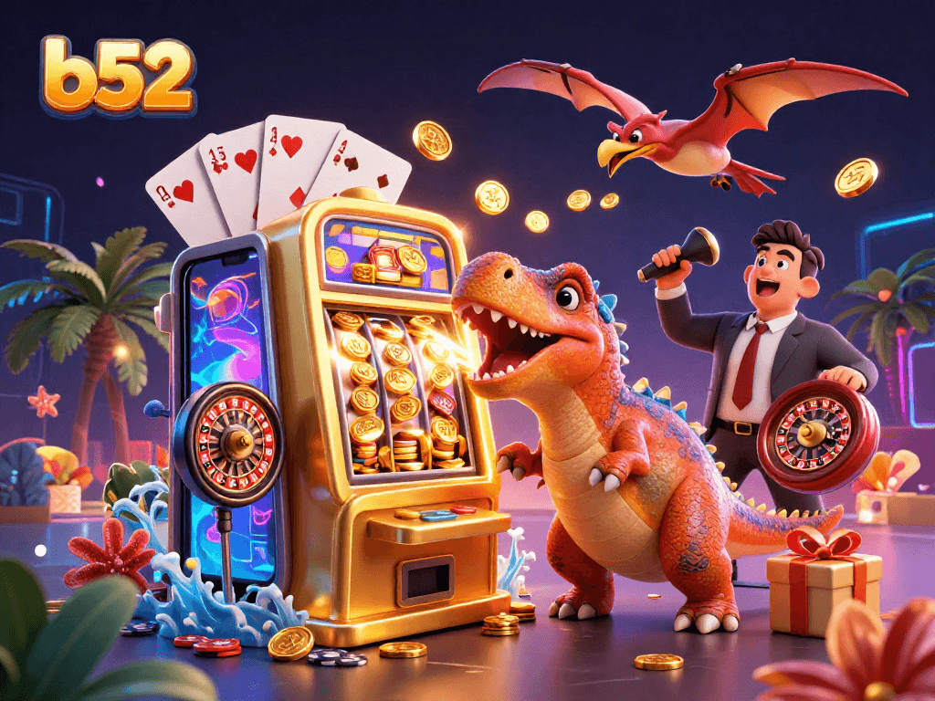 Experience the thrill of b52 with a pachycephalosaurus hitting a slot machine, catching golden coins.