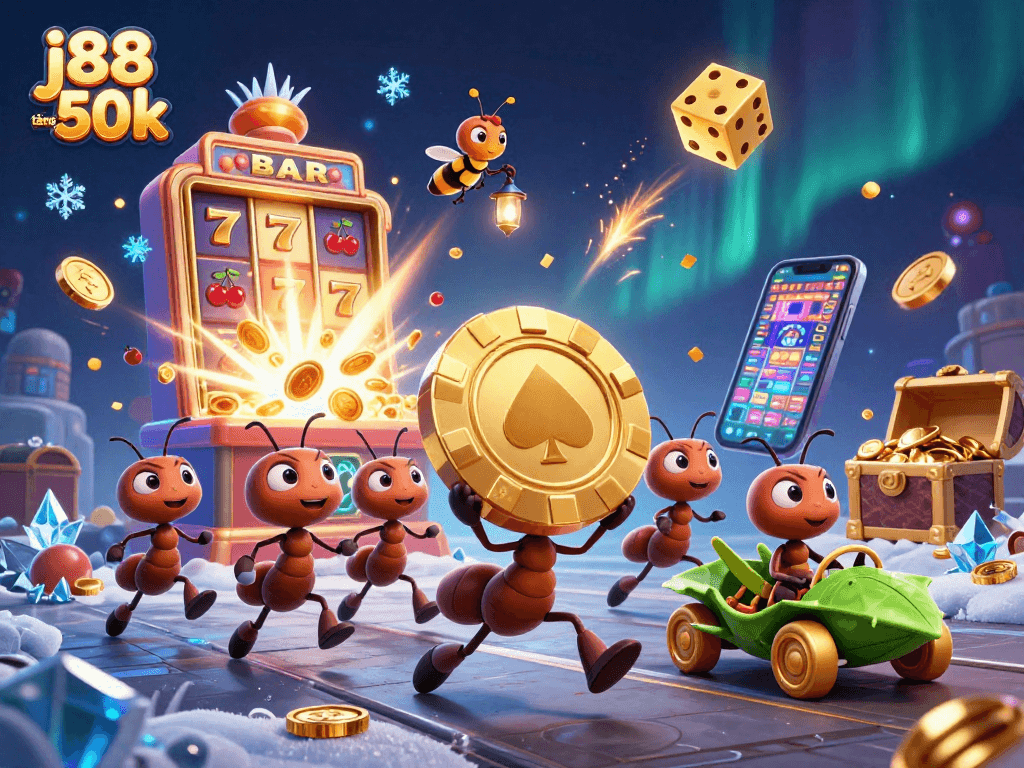 Experience j88 tặng 50k with a cartoon heist scene featuring playful ants, casino elements, and golden winnings.