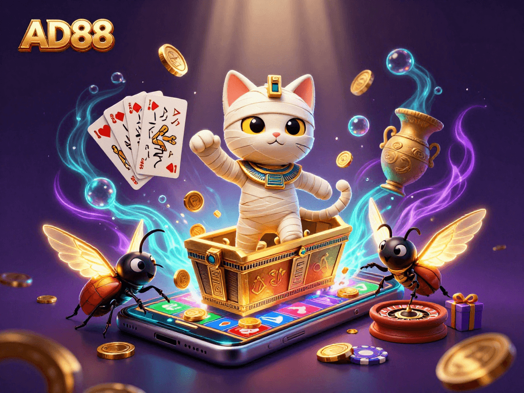 Experience the thrill of gaming at AD88 with this vibrant 3D illustration of a mummy cat in a casino.