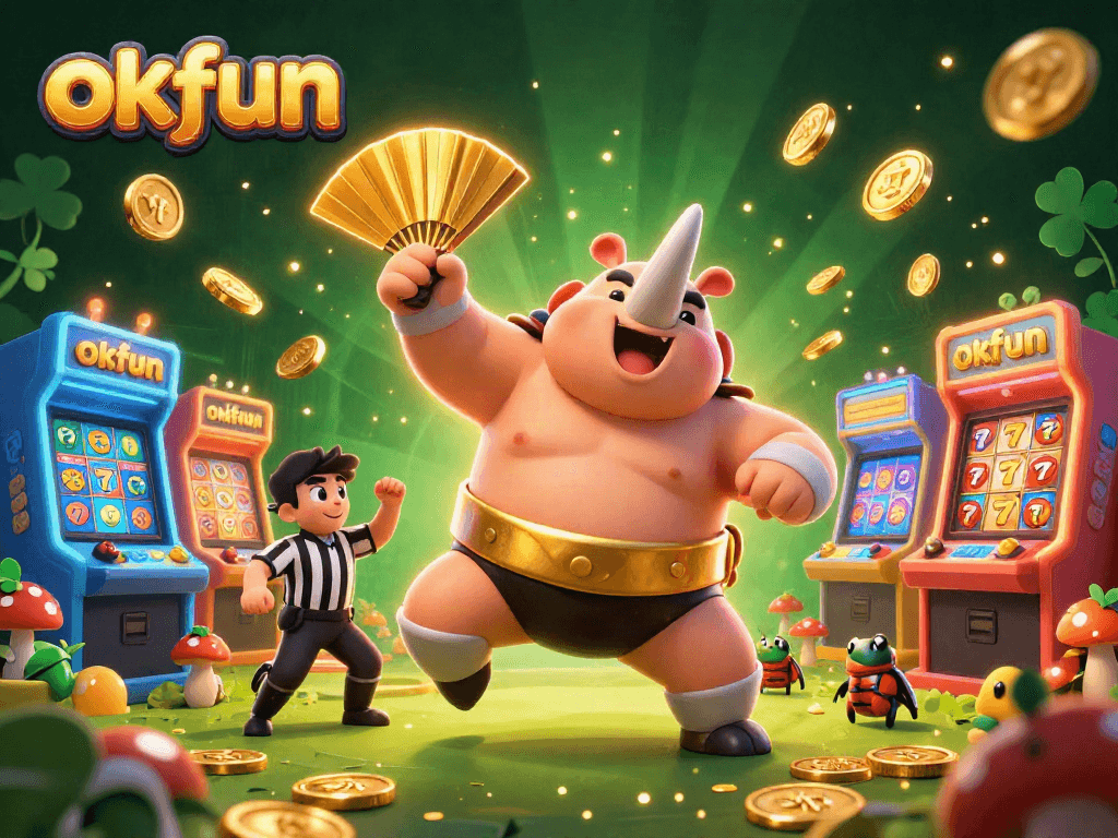 Experience the thrill of winning at okfun casino with vibrant slot reels and a dynamic cartoon scene.