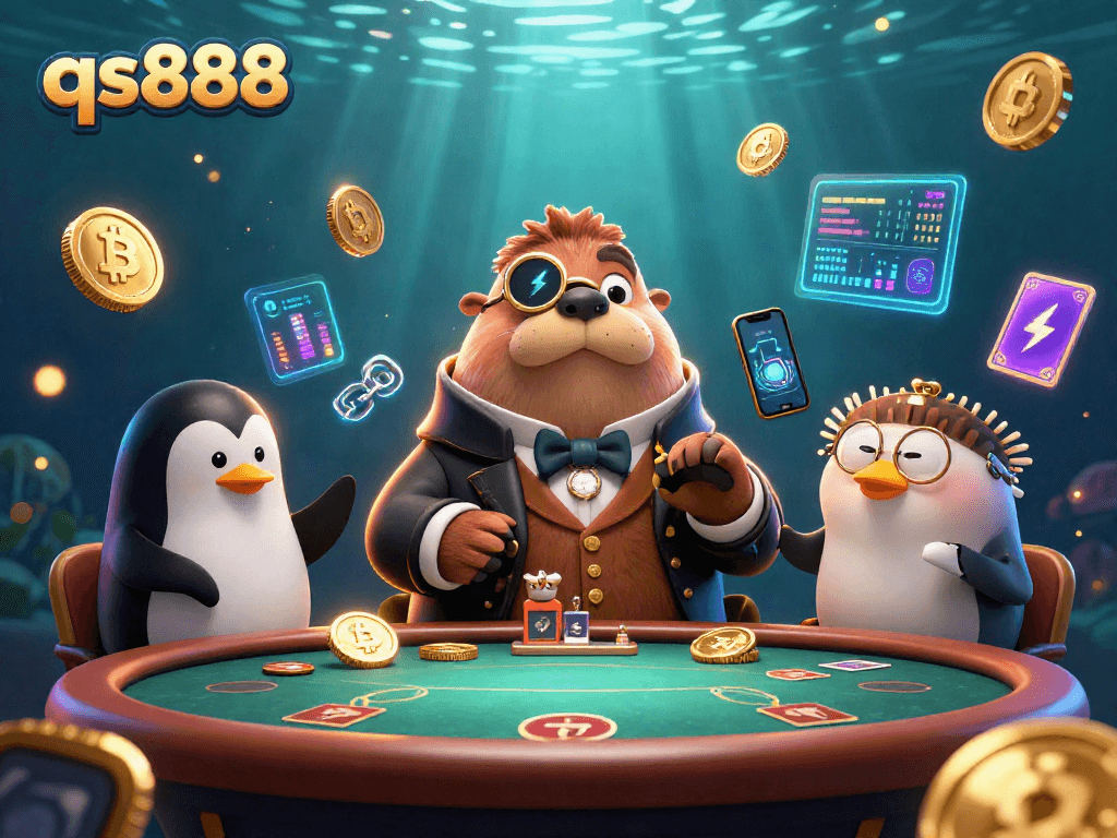 qs888 showcases a playful poker game underwater with a walrus, penguin dealer, and fish player.