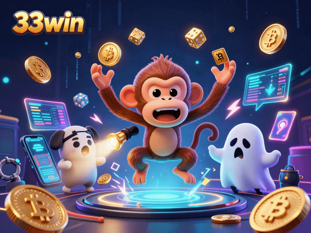 33win showcases an energetic scene of a mischievous monkey juggling golden objects in a haunted casino.