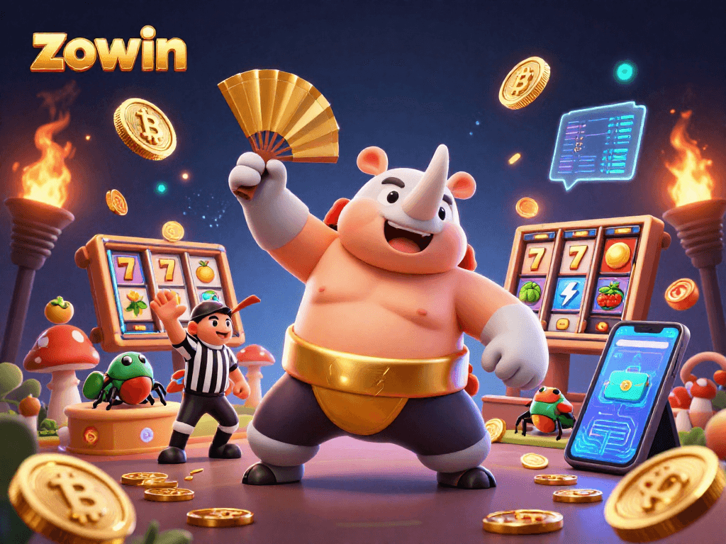 Zowin players engaging in thrilling slot game action with golden coins flying and a vibrant casino atmosphere.