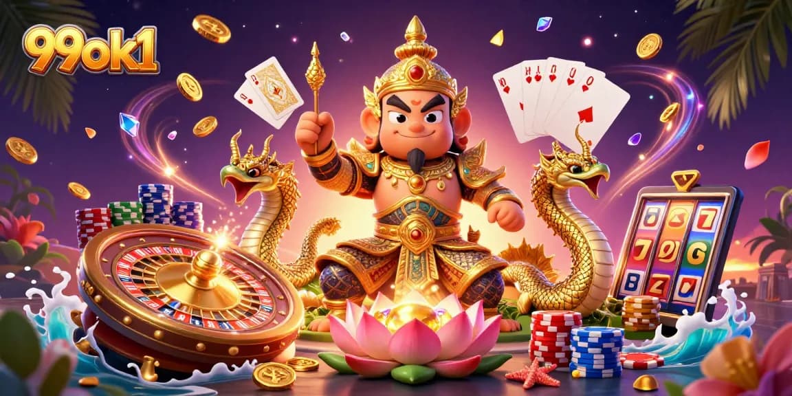 Experience thrilling wins at 99ok1 with captivating casino visuals of gold and gems.