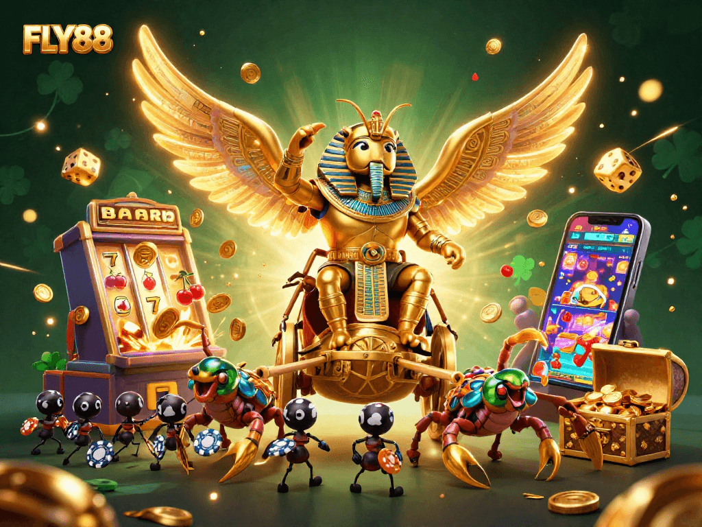 FLY88 engages players with a vibrant and dynamic casino scene featuring golden beetle characters and slots.