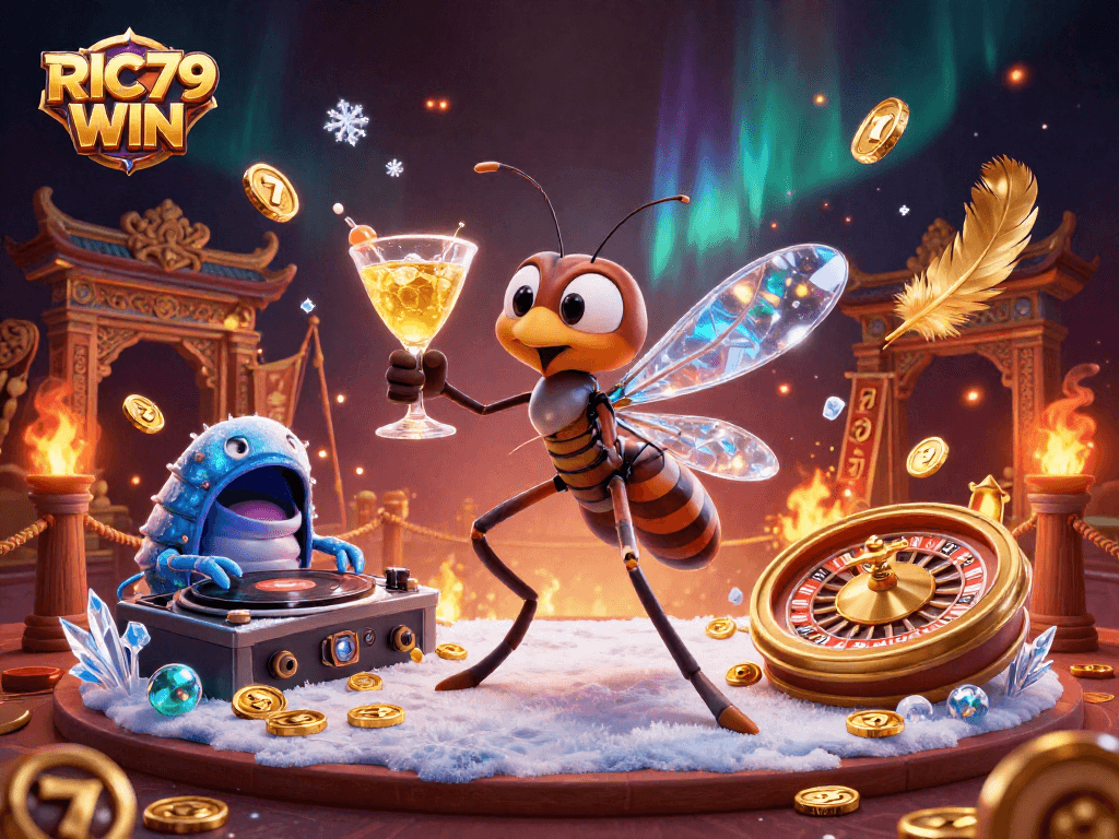 Experience thrilling gameplay with RIC79 WIN at a vibrant casino featuring unique characters.