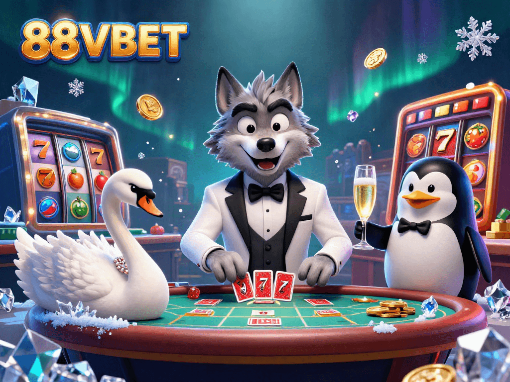 Engage in thrilling gameplay with 88VBET, featuring a wolf, swan, and penguin in an elegant casino scene.