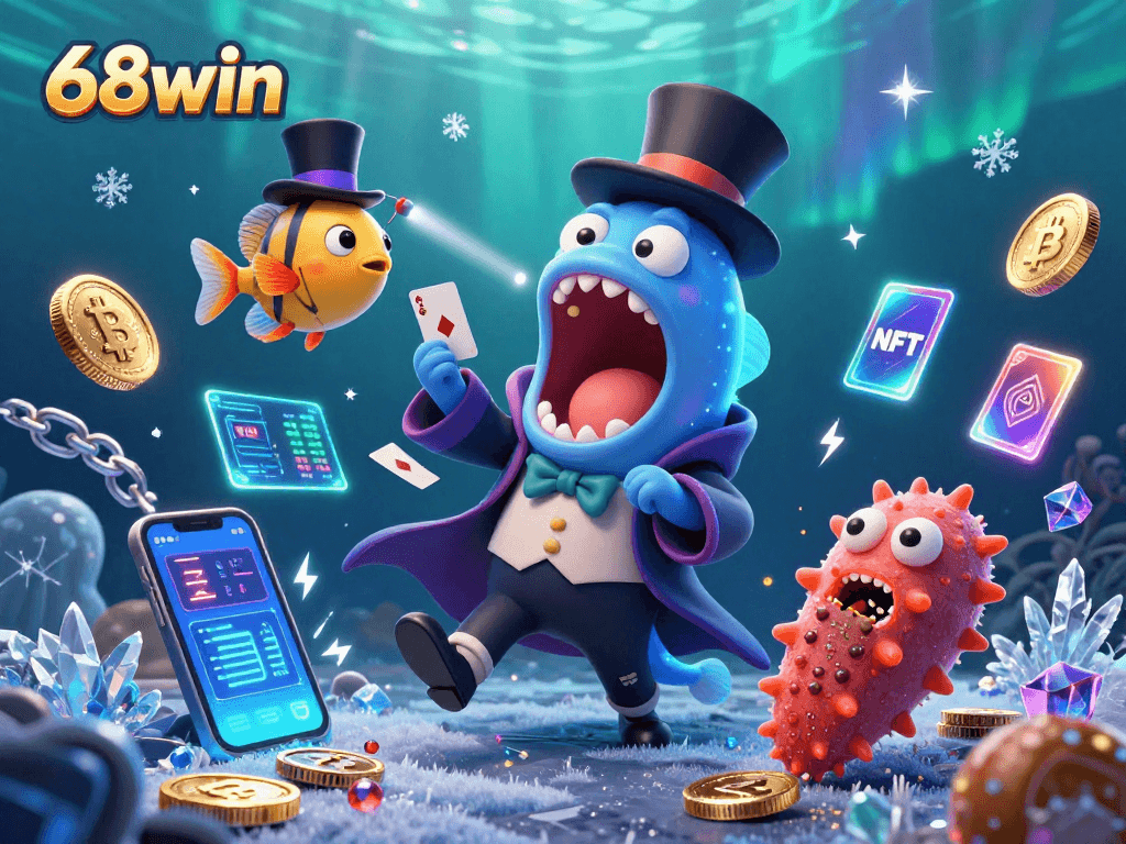 Experience thrilling card tricks at 68win featuring vibrant sea creatures and crypto elements.