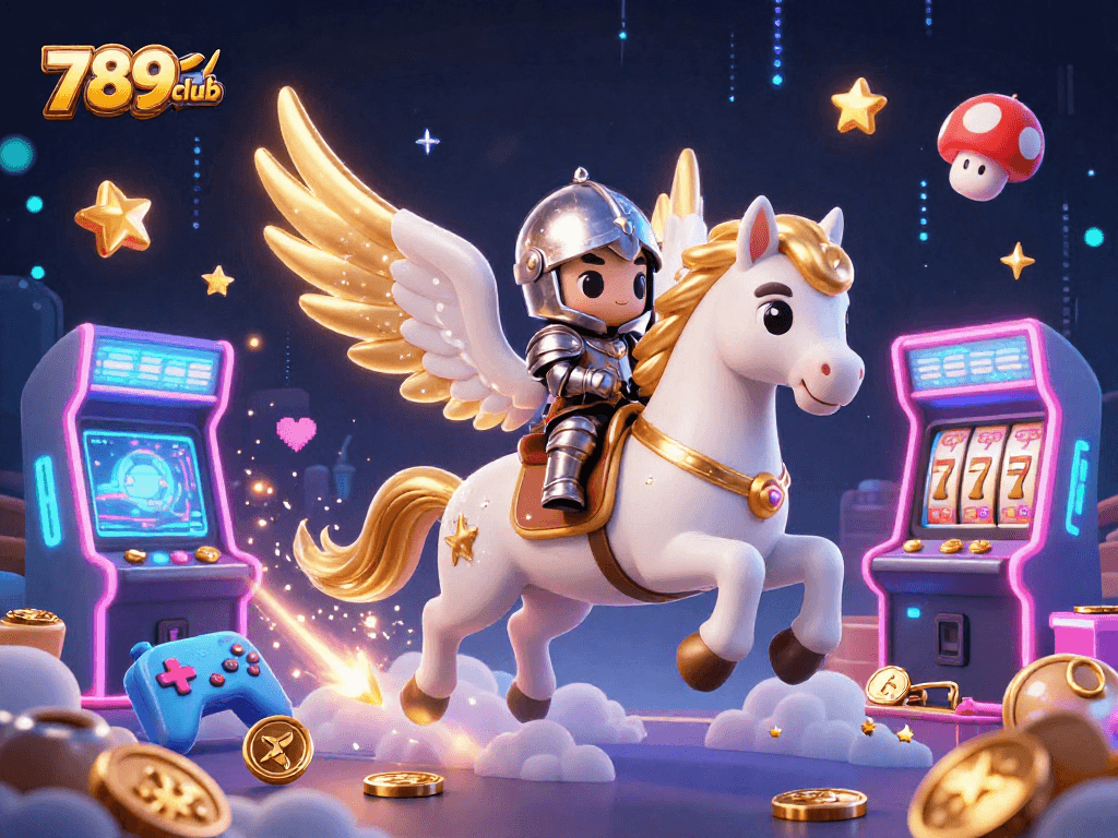Join the excitement of 789club with a 3D scene of casino games and a celestial horse.