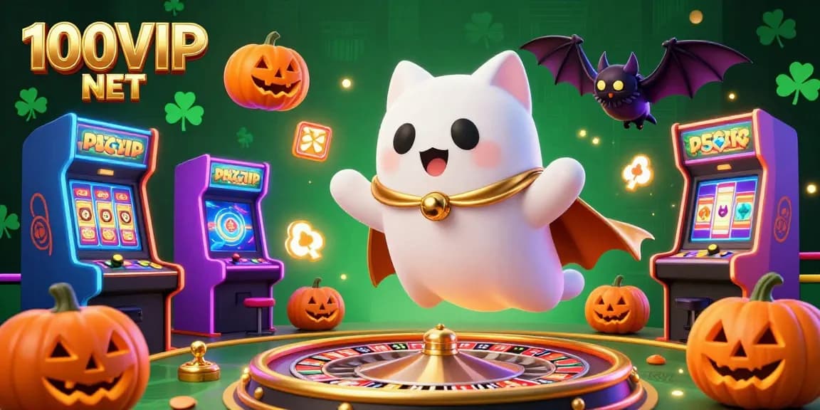 Experience the thrill of 100VIP NET at a vibrant casino featuring a friendly ghost cat, vampire bat, and glowing game elements.