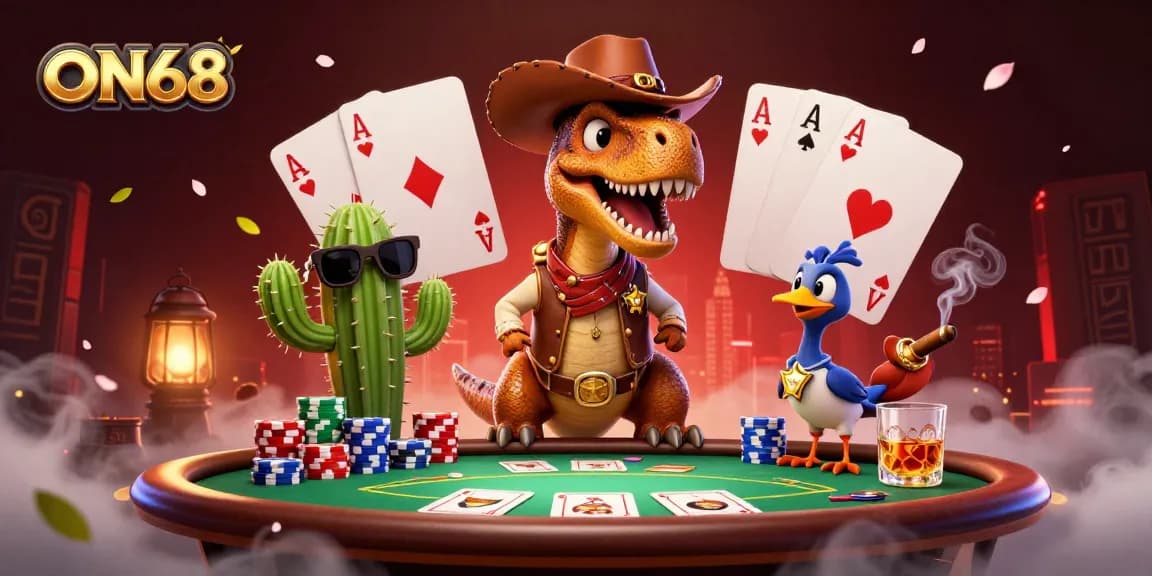 Engage with ON68’s thrilling 3D scene of a cowboy dinosaur and poker table action.
