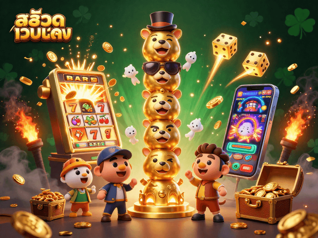 Experience the thrill of สล็อตเว็บตรง with an illustrated casino adventure featuring vibrant slot machines and festive elements.