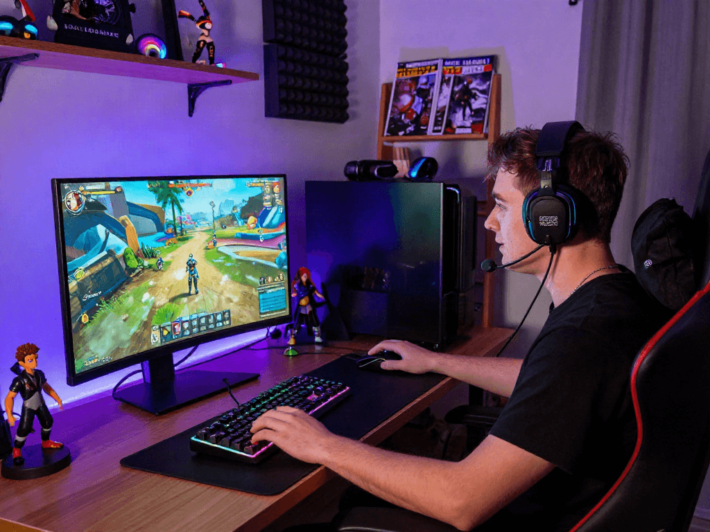Engaged gamer focused on an immersive porngame experience in a dynamic, high-tech gaming setup.
