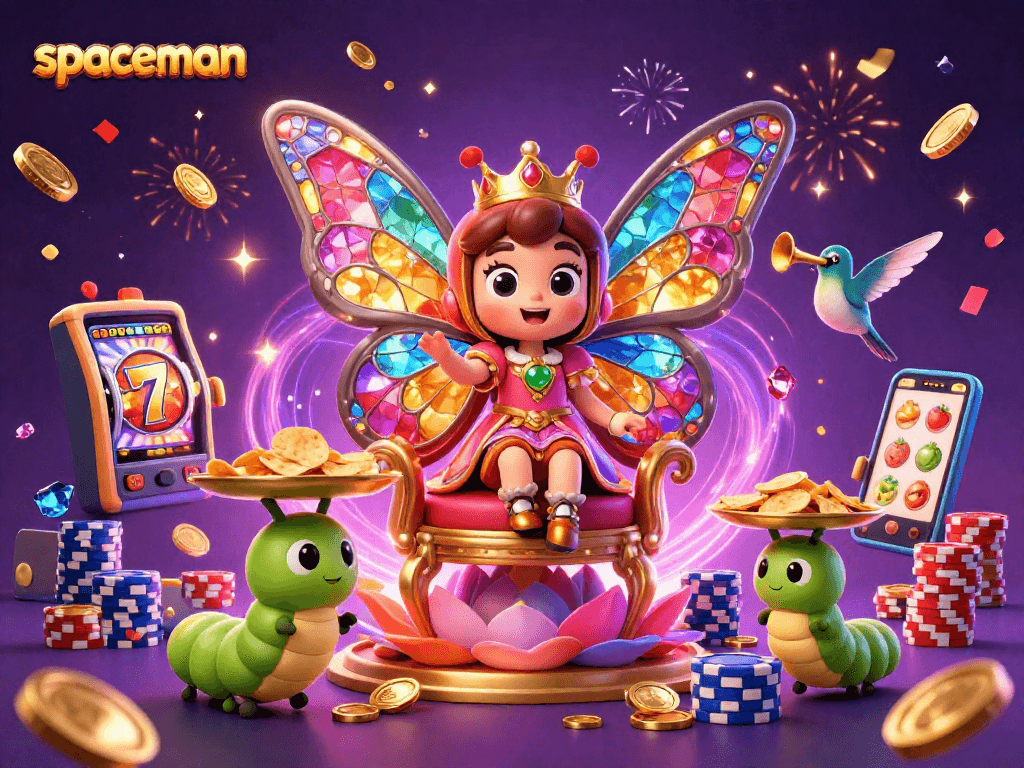 Experience big wins with spaceman-themed slot reels and dazzling casino elements in a vibrant 3D illustration.