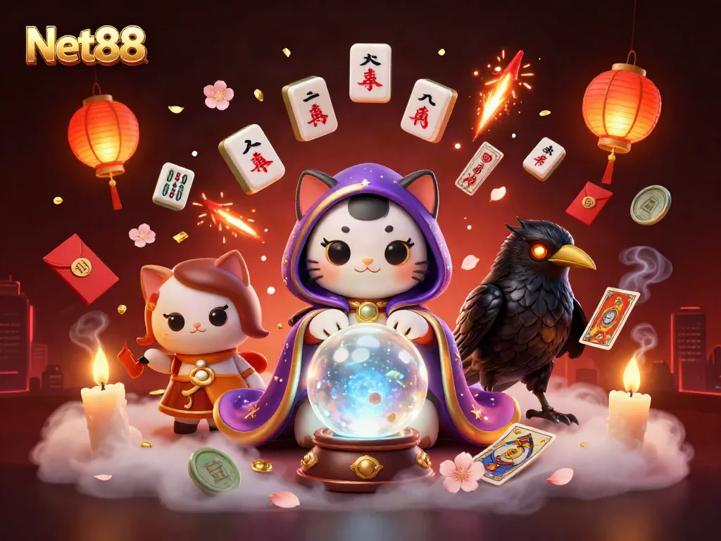 Engage in casino excitement with Net88's vibrant 3D illustration showcasing mystical characters.