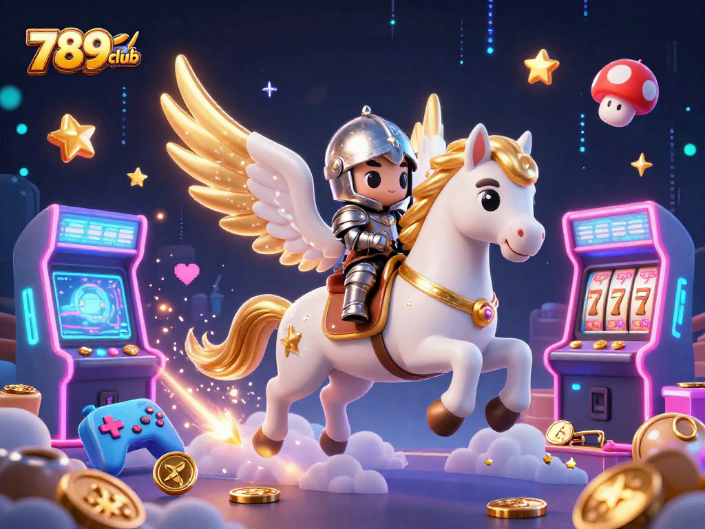 Join the excitement of 789club with a 3D scene of casino games and a celestial horse.