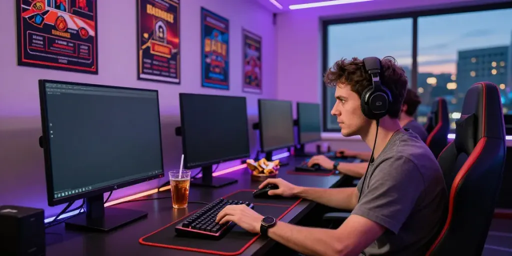 Gamer exploring non GamStop casinos at sleek desk with multiple screens.
