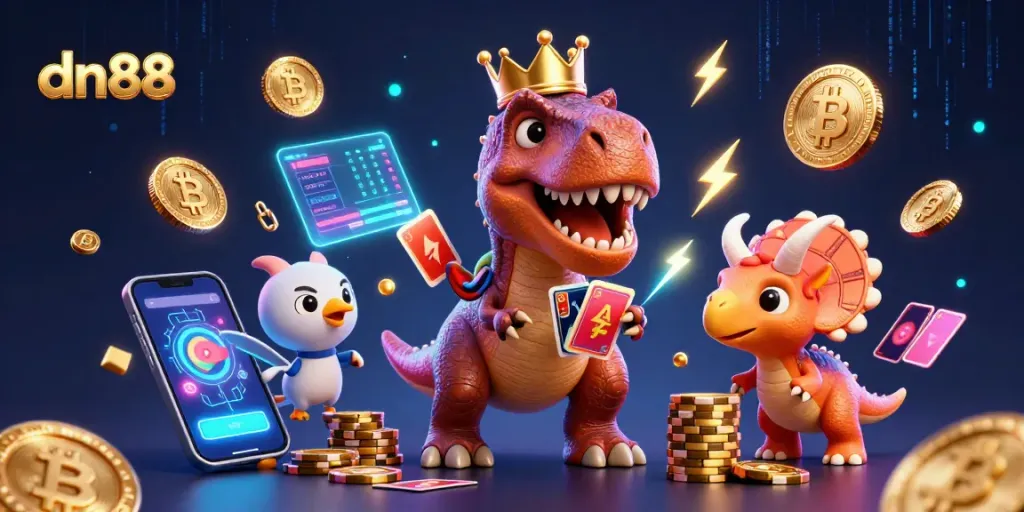 dn88 elevates online gaming with a lively scene of dinosaurs playing cards and stacking chips in a crypto-themed casino.