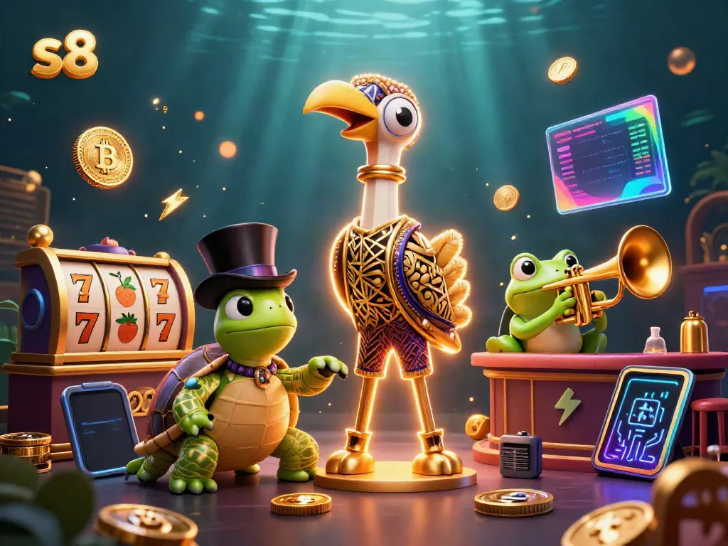 Experience thrilling slots with s8 as cartoon characters celebrate in a vibrant casino scene.
