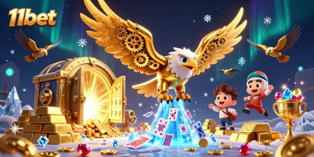 Play exciting games at 11bet, with a golden eagle diving through floating playing cards.