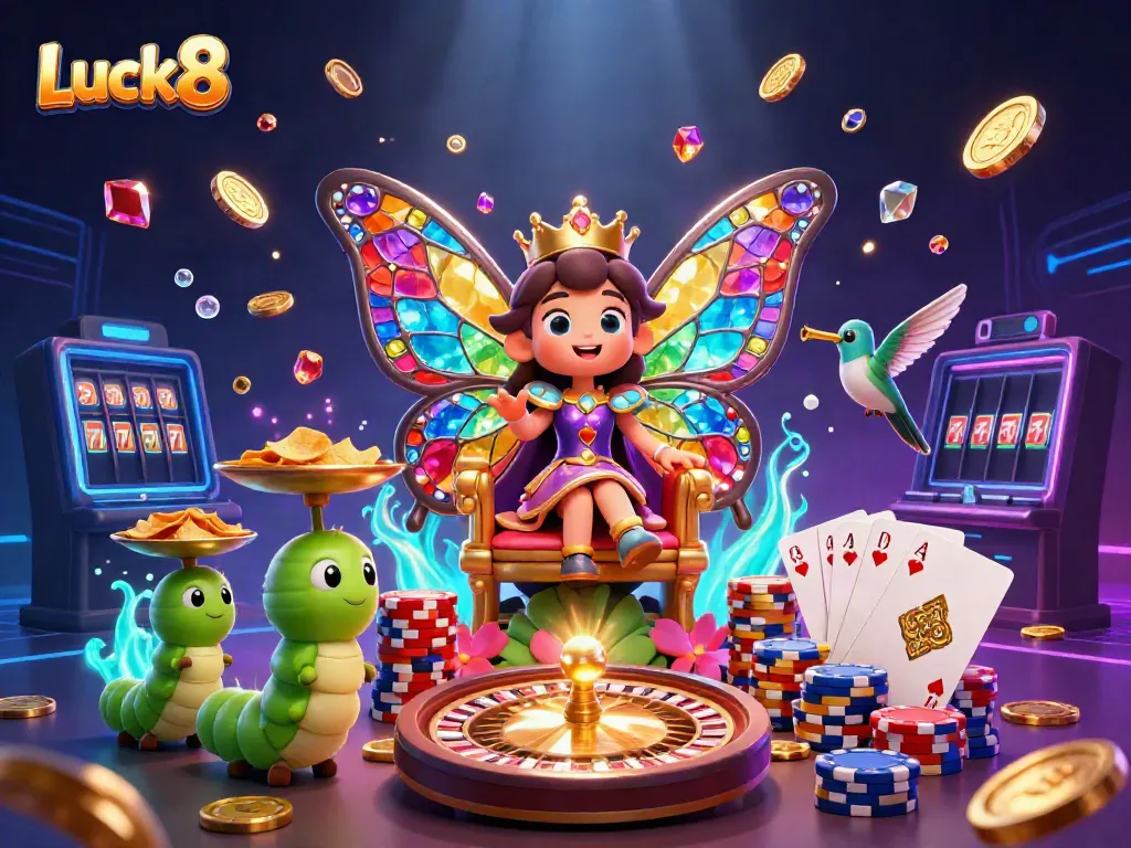 Experience exhilarating gaming at Luck8 with vibrant characters and dynamic casino elements.