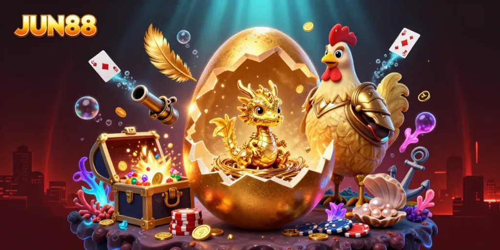 Experience thrilling action at JUN88 with a golden dragon and poker chips in a vibrant casino scene.