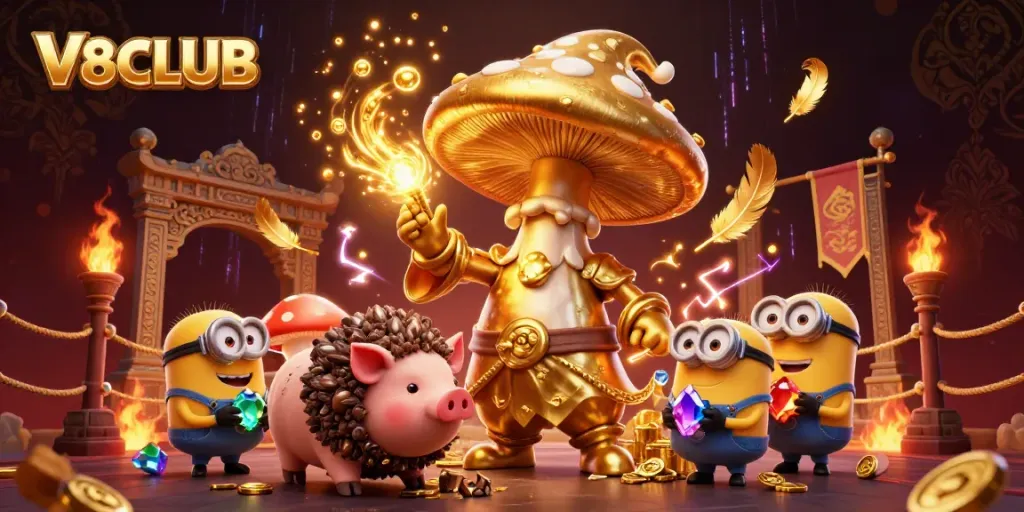 V8CLUB's magical casino realm comes alive with dynamic characters and golden treasures.