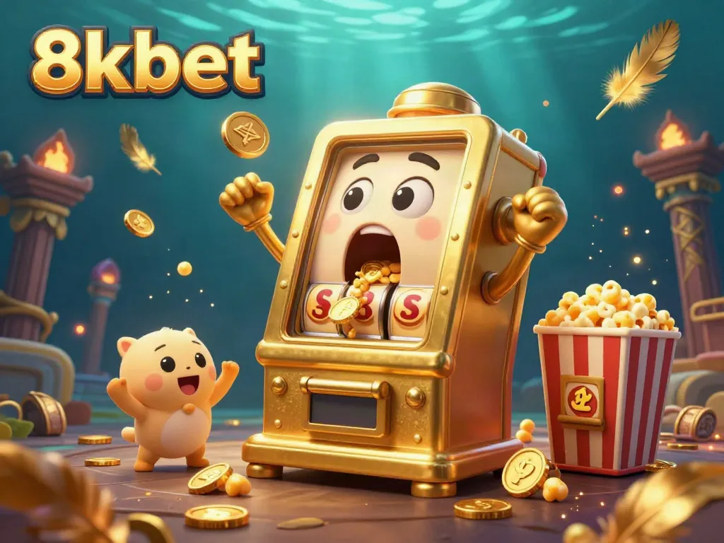 Experience the thrill of 8xbet with a golden slot machine hitting the jackpot amidst a vibrant casino scene.