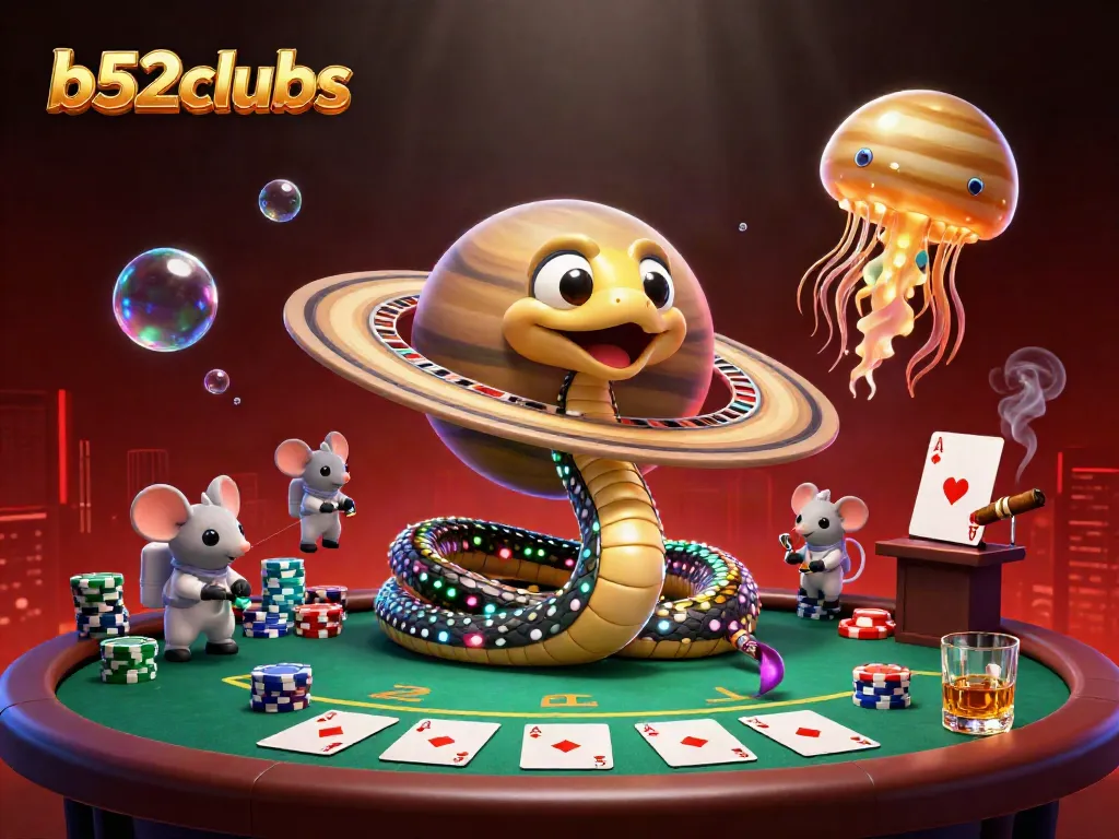 Play at b52clubs with a dynamic 3D casino scene featuring astronauts and a roulette snake.