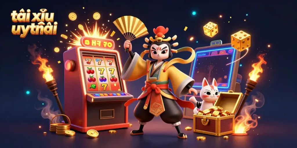 Engage with tài xỉu uy tín through an illustrated scene of a kabuki warrior amidst casino elements.