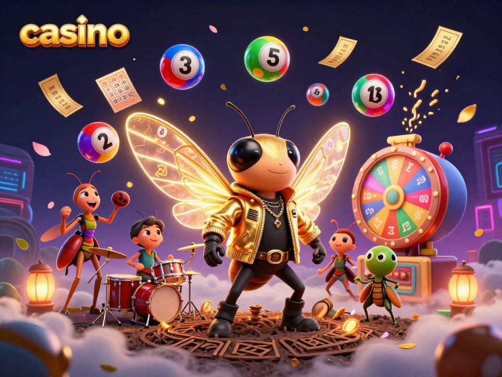 Enhance your casino experience with vibrant lottery balls and a 3D cartoon rock star
