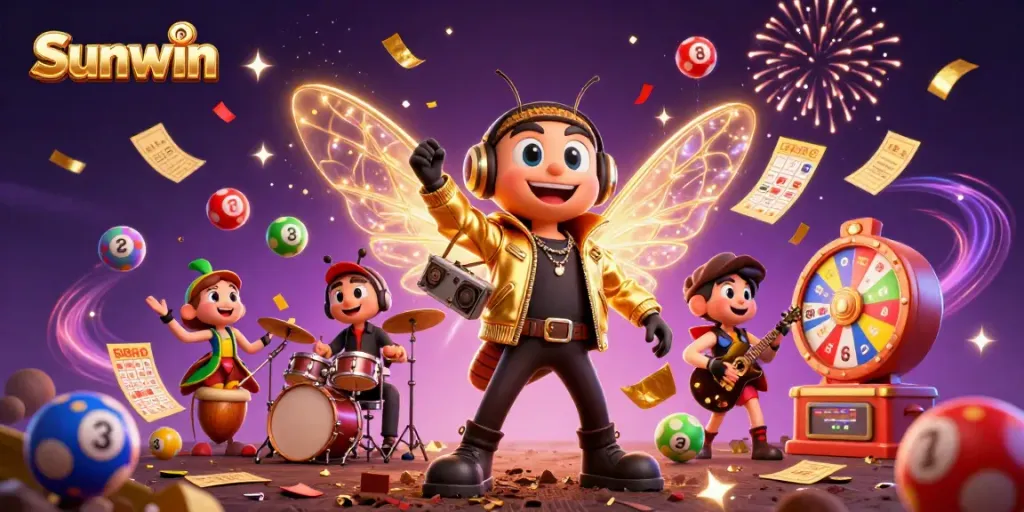 Experience dynamic gaming excitement with Sunwin as a cicada rock star takes center stage in a vibrant casino scene.