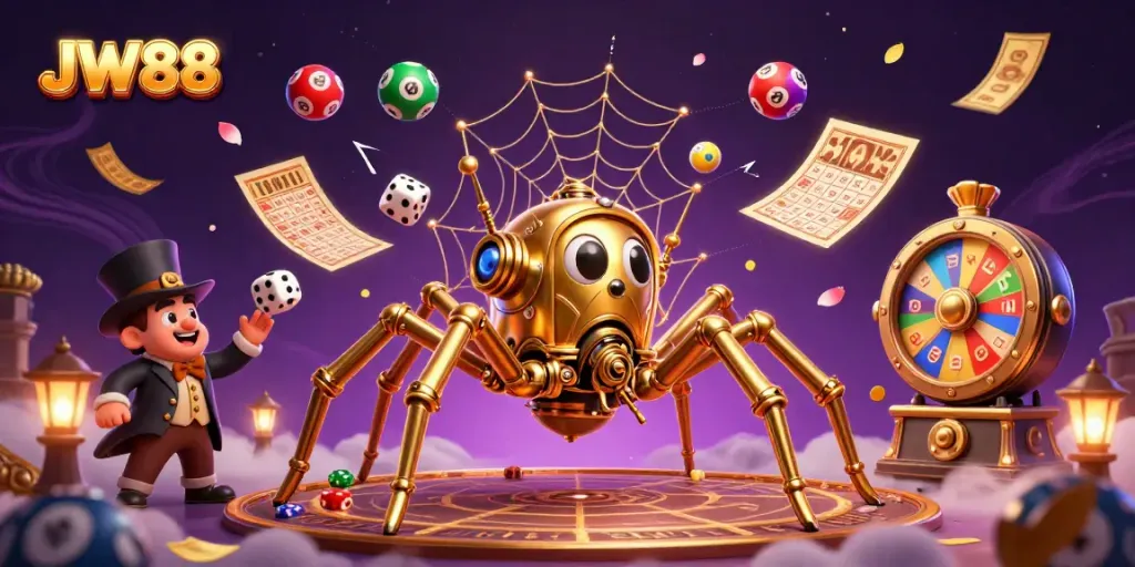 Engage in exciting games at JW88 with the dynamic steampunk spider illustration, showcasing thrilling casino elements.