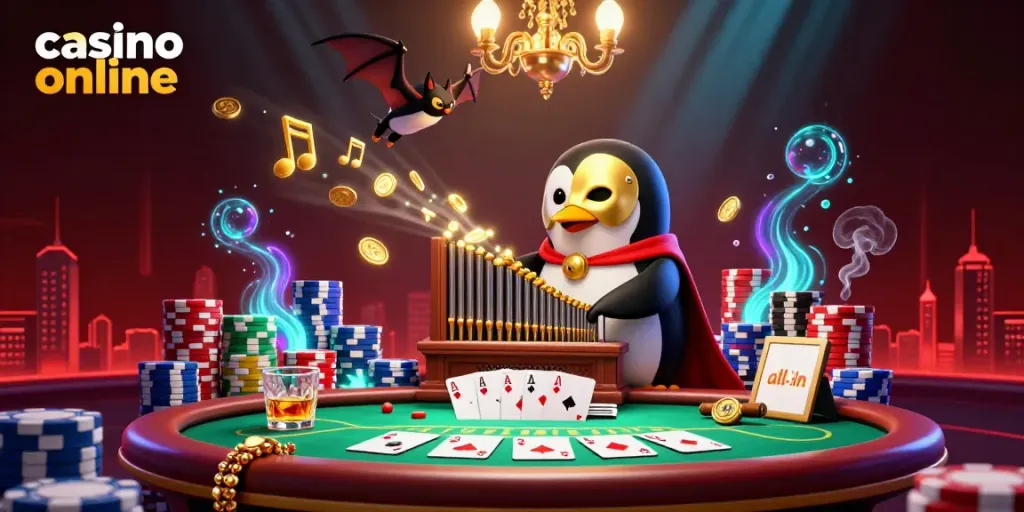 Experience the thrill of casino online games with our vivid 3D illustration featuring a penguin organist and poker elements.
