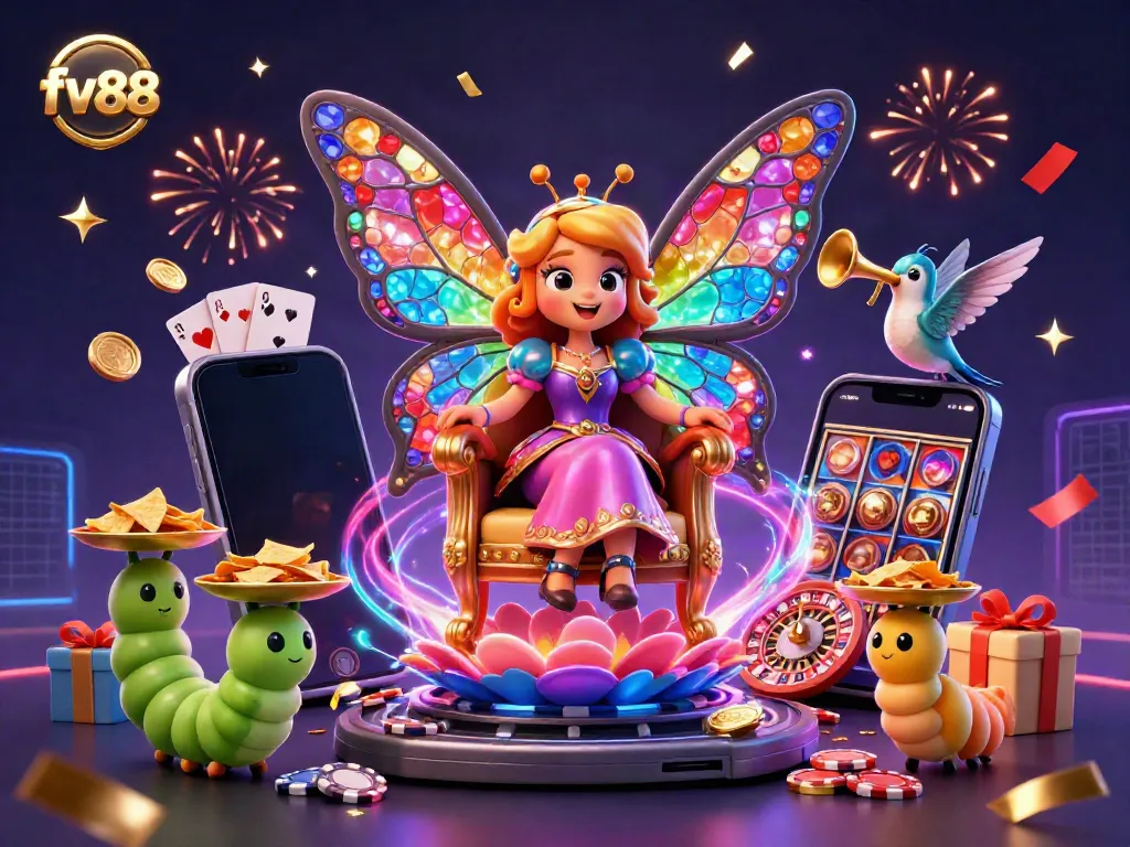 Experience joyful gameplay with the fv88 butterfly queen surrounded by vibrant casino elements.