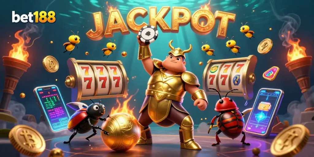 Bet188 players celebrating as a golden beetle lifts a poker chip against a backdrop of bright casino symbols.