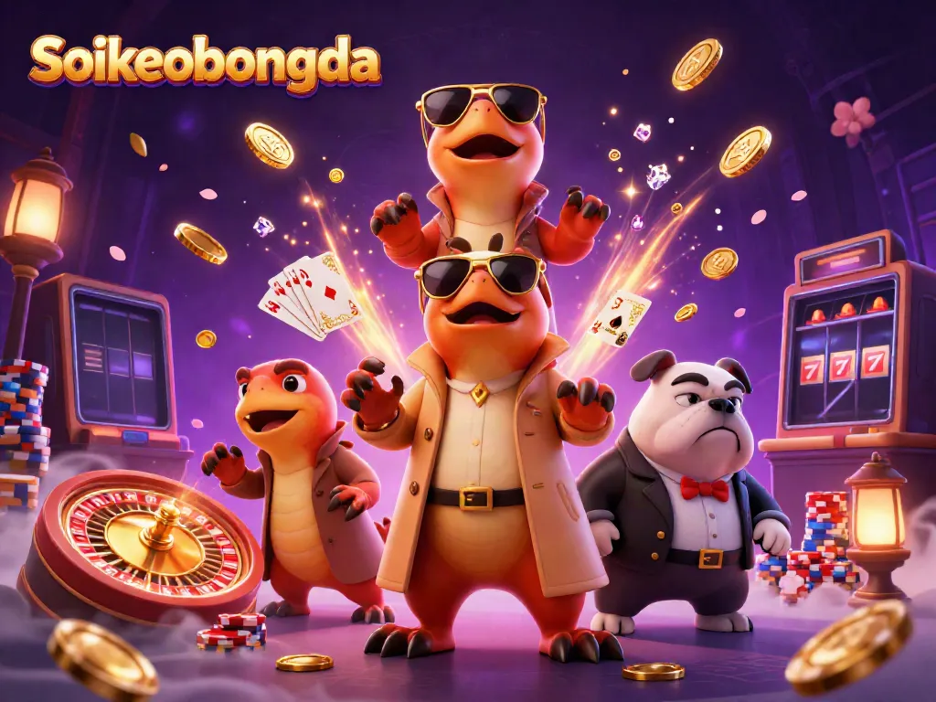 SoiKobongda showcases three raptors in a trench coat entering a VIP casino lounge amidst coins and cards.