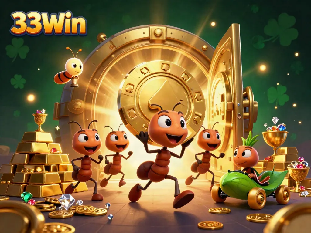 Ants carrying a giant chip represent 33Win in a rich casino heist setting.