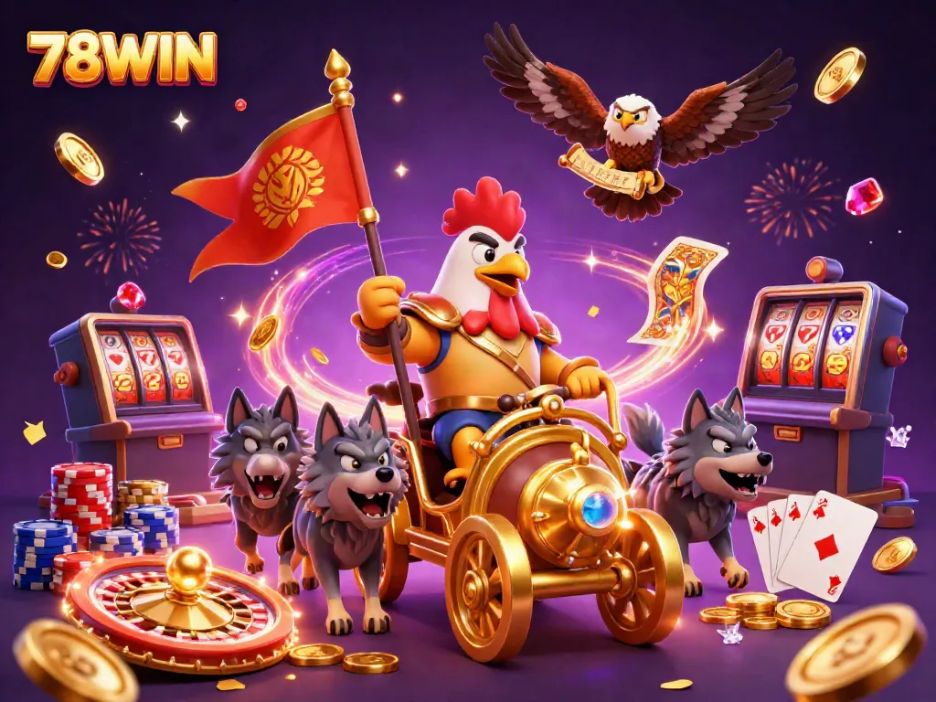A captivating 3D illustration showcasing 78WIN with a rooster warlord and golden chariot amid dynamic casino elements.