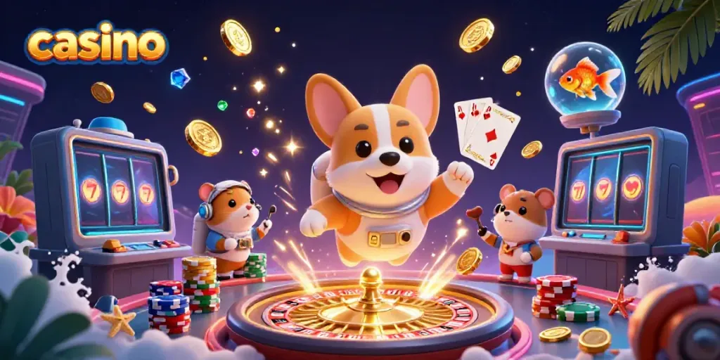 Engaging scene showcasing a floating astronaut corgi, casino elements, and a mission-control hamster.